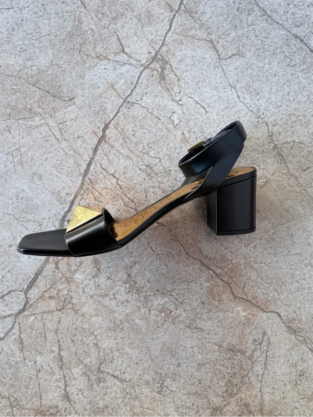NEW! Valentino Garavani One Stud Black Leather Block Heel Sandals